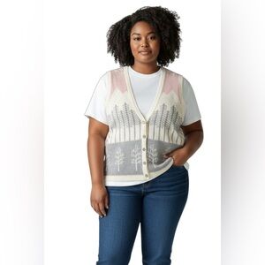 VTG TanJay Winter Vest L Cozy Trees Seed Pearls Gray Pink Cream Button Front